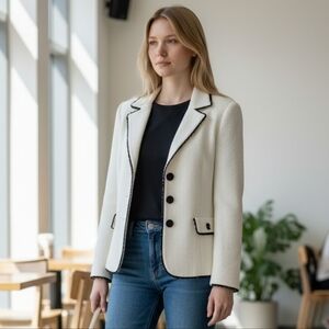 Tahari ASL Cream White Contrast Jacket Texture Black Lace Trim Wool Blend Spring